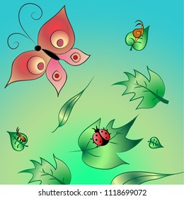 Bright illustration with butterfly and soaring leaves. Eps 10 vector.