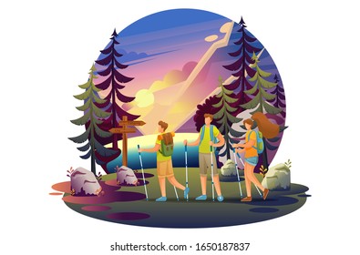 Bright illustration of a campsite, young people walking in the woods. Flat 2D characters. Concept for web design