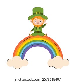 A bright illustration of a cartoon leprechaun with a red beard and a green hat sitting on a colorful rainbow. He is holding a pot of gold in his hands. 