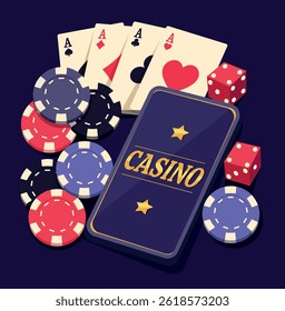 Bright illustration of casino and poker. Vector illustration with phone, with golden casino text, different chips, dice, cards. Ideal for casino projects, roulette, slots on dark purple background