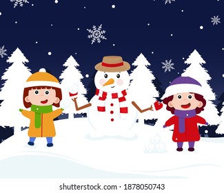 Bright illustration children and snigovik. Happy Christmas with kids and snigovik. Cheerful children blinded the snigovik and put a scarf and a hat on him. Vector illustration