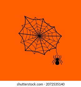 Bright illustration with a cobweb and a spider on an orange background. Halloween. Vector drawing.