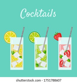 Bright illustration of cocktails with various fruits or berries. Suitable for decorating menus, icons on social networks, thematic decor. For the summer mood.