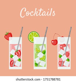 Bright illustration of cocktails with various fruits or berries. Suitable for decorating menus, icons on social networks, thematic decor. For the summer mood.