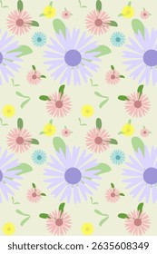 Bright illustration of colorful flowers with green leaves, seamless patterns design for decorative, wall, wallpaper, wrapping paper, fabric, silk, scarf, book, wall, backdrop and etc.