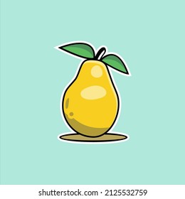 Bright illustration of colorful half and whole of juicy pear. fresh cartoon pears on blue background.