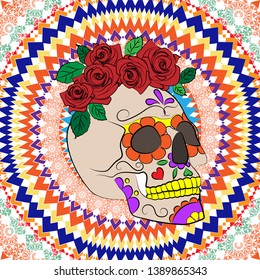 bright illustration with a colorful skull on the background with openwork ornament, a symbol of the traditional Mexican holiday Day of the dead and the Day of angels