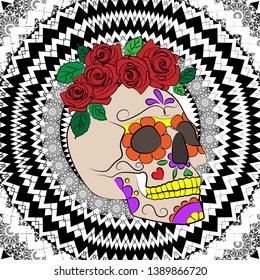 bright illustration with a colorful skull on the background with openwork ornament, a symbol of the traditional Mexican holiday Day of the dead and the Day of angels