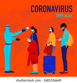 Bright Illustration of Coronavirus COVID-19 outbreak concept. Multiracial people in medical face mask standing in queue. Passengers are measured temperature. Novel coronavirus (2019-nCoV). 