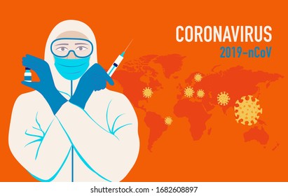 Bright Illustration of Coronavirus COVID-19 outbreak concept. An asian women in a protective suit and mask holds an injection syringe and vaccine. Novel coronavirus (2019-nCoV). 