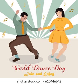 Bright illustration of the couple dancing boogie-woogie. International Dance Day