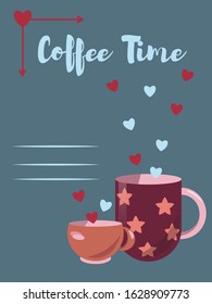 Bright illustration with cups on the blue background called "Coffee time". Card,greeting, background, flyer, wallaper in cute cartoon style