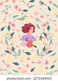 Bright illustration with a cute woman in a flower wreath. Colorful flowers, swallowtails and hearts all around. Cute compositions are ideal for invitations, cards, banners, Mothers Day. Vector.