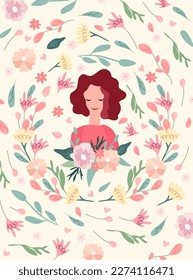 Bright illustration with a cute woman in a flower wreath. Colorful flowers, swallowtails and hearts all around. Cute compositions are ideal for invitations, cards, banners, Mothers Day. Vector.