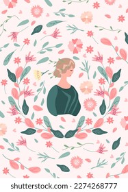 Bright illustration with a cute woman in a flower wreath. Colorful flowers, swallowtails and hearts all around. Cute compositions are ideal for invitations, cards, banners, Mothers Day. Vector.