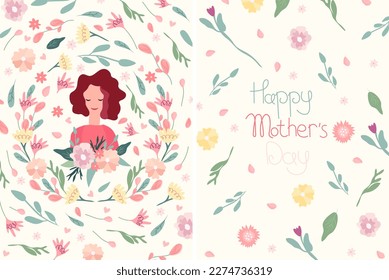 Bright illustration with a cute woman in a flower wreath. Colorful flowers, swallowtails and hearts all around. Cute compositions are ideal for invitations, cards, banners, Mothers Day. Vector.