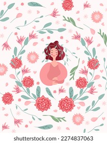 Bright illustration with a cute woman in a flower wreath. Colorful flowers, swallowtails and hearts all around. Cute compositions are ideal for invitations, cards, banners, Mothers Day. Vector.