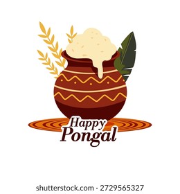 Uma ilustração brilhante de um pote de barro decorado transbordando com o doce Pongal, cercado por caules de arroz e folhas de banana, simbolizando abundância, prosperidade e alegria durante o festival da colheita de Pongal.