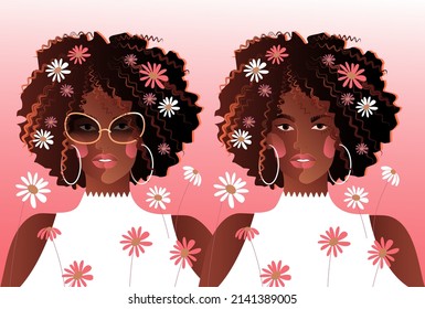 A bright illustration depicting dark-skinned beautiful girls with lush hairstyles. A fashionable postcard.