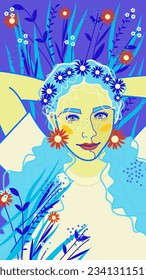 a bright illustration depicting a young girl with curly blue hair in a flower wreath, who is lying down resting in a flower meadow
