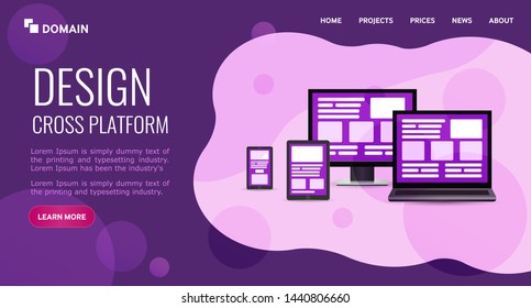 Bright illustration for design Landing page. concept cross platform design. Vector icons electronic devices. smartphone, tablet, laptop and desktop computer