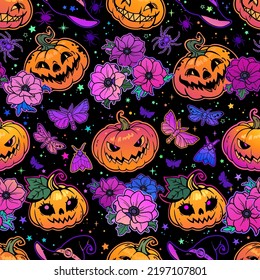 Bright illustration from different Halloween elements. Seamless pattern