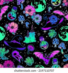 Bright illustration of different witch elements. Seamless pattern