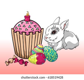 Bright illustration for easter holidays with colored eggs, easter bread and cute little bunny