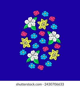 Bright illustration with an egg in flowers. Postcard. Easter.