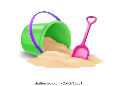Bright illustration of a fallen green bucket and pink shovel with sand. Vibrant colors create a playful and inviting scene. Ideal for summer or beachthemed designs.