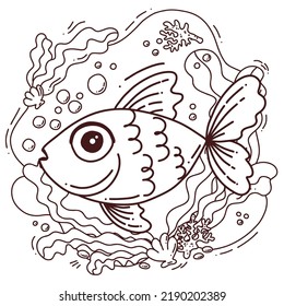 Ilustración brillante con peces y elementos submarinos. Ilustración vectorial para niños impresiones, tarjetas de felicitación, afiches. Dibujo de Doodle con antecedentes