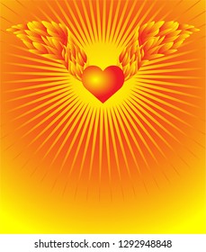 bright illustration with flying winged heart image, can be used as a template for poster, postcard, cover and other design