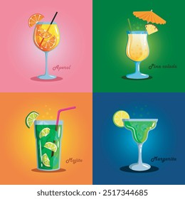 Bright illustration of four cocktails: Aperol with oranges, Pina Colada with pineapples, Mojito with lime and mint and Margarita with lime. Each drink is displayed on a colored background.