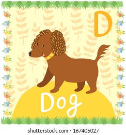 Bright illustration of funny dog on the background with floral elements.Vector card of animal alphabet.