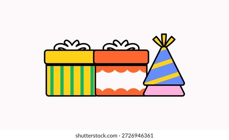 Ilustração brilhante de caixas de presente com fitas e um chapéu de festa festiva. Estilo de desenho animado plano alegre perfeito para celebrações de aniversário, convites de festa, promoções de eventos e desenhos infantis.