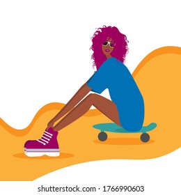 Bright illustration girl skateboarding leisure hobby entertainment - illustration for print or postcard