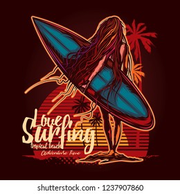 Bright illustration of a girl with surfing in her hands. Original vector illustration in neon retro style. Suitable design for t-shirt.