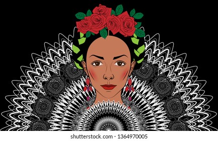 bright illustration of a girl with a traditional Mexican hairstyle on the background of a complex openwork ornament