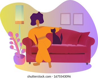 ilustración brillante de una chica con traje amarillo sentada en un sofá con su gato mascota y viendo televisión