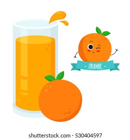 Bright illustration of glass of orange juice with fruit character badge isolated on white