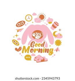 Bright illustration with Good morning in warm colors. Set of items related to morning. Girl with ears. Flat style.