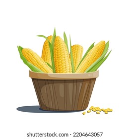 Bright illustration of a group of four different ears of corn with green leaves in a basket. Design element and food and agriculture theme.