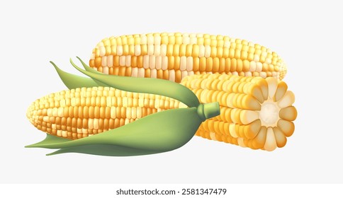 Bright illustration of a group of four different ears of corn with green leaves. Design element and food and agriculture theme