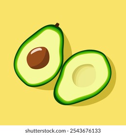 Bright illustration of a halved avocado with a seed, half sliced avocado. Ideal for healthy lifestyle, food-related content, and nutrition-themed designs