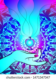 bright illustration of a hand holding a bottle in the form of a heart on the background of openwork ornament	