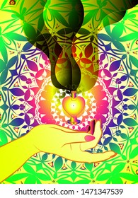 bright illustration of a hand holding a bottle in the form of a heart on the background of openwork ornament	