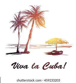 Bright illustration with hand-drawn palms on the beach. Sketch design. *Long live Cuba