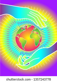 bright illustration of hands holding the globe