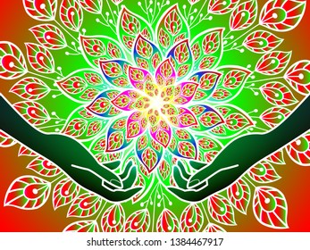 bright illustration of hands on the background of colorful floral ornament