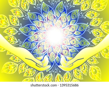 bright illustration with hands on the background of the ornament